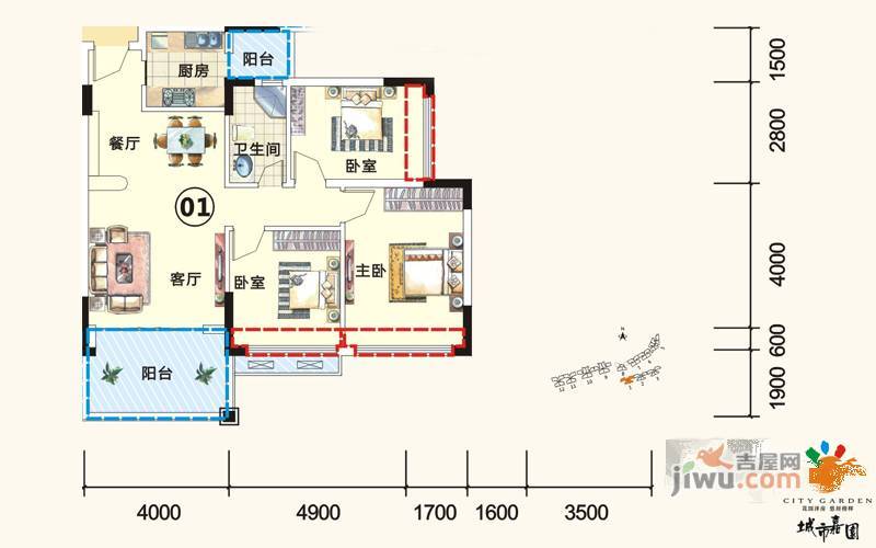 城市嘉园3室2厅1卫91.8㎡户型图