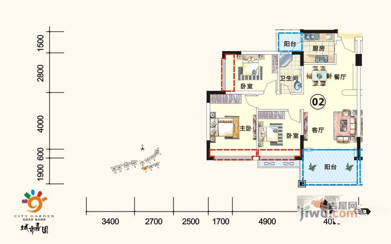 城市嘉园3室2厅1卫91.8㎡户型图