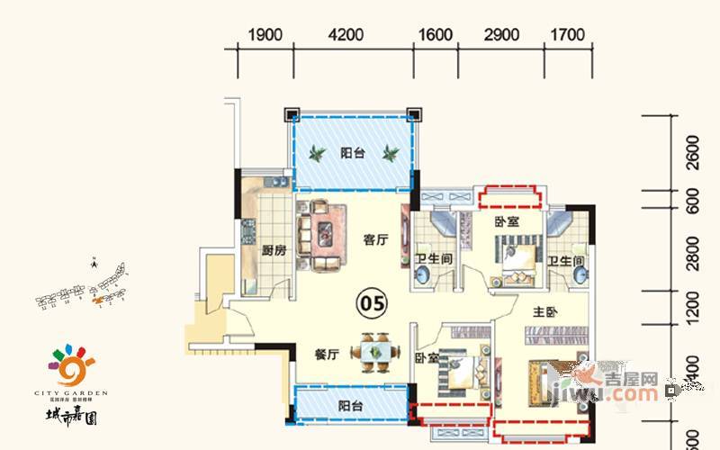 城市嘉园3室2厅2卫107.3㎡户型图