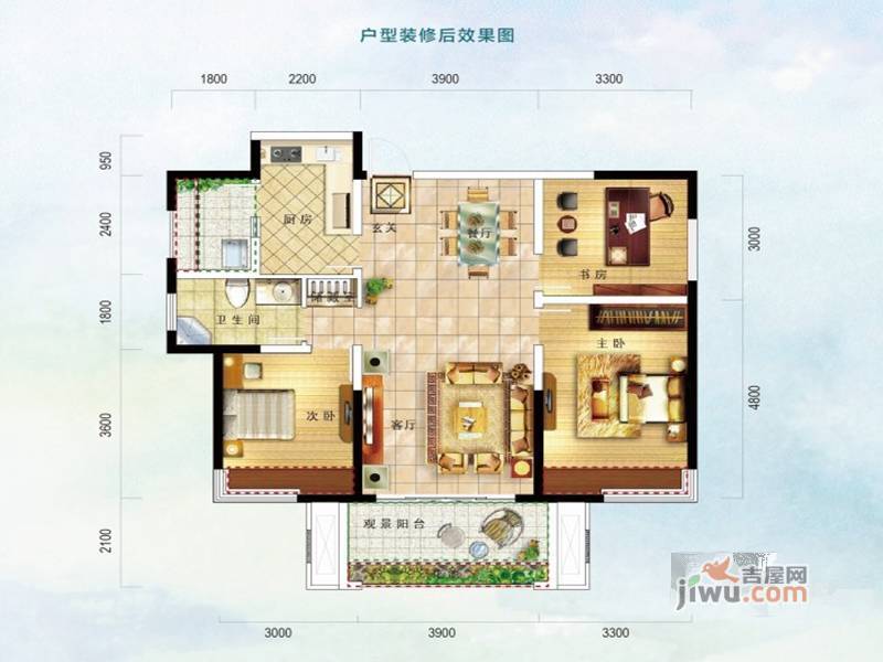 鲁能山水原著3室2厅1卫100㎡户型图