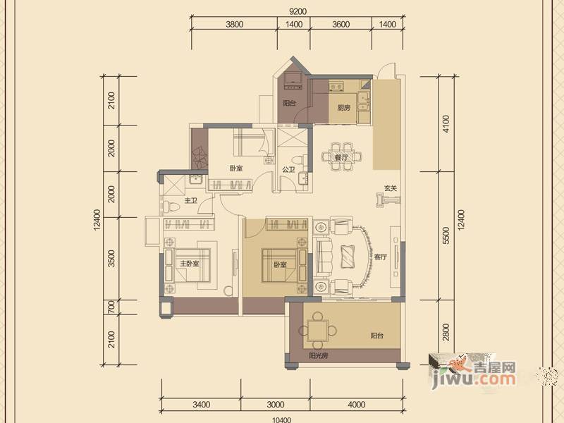 华泓·四季花城2室2厅2卫96.7㎡户型图