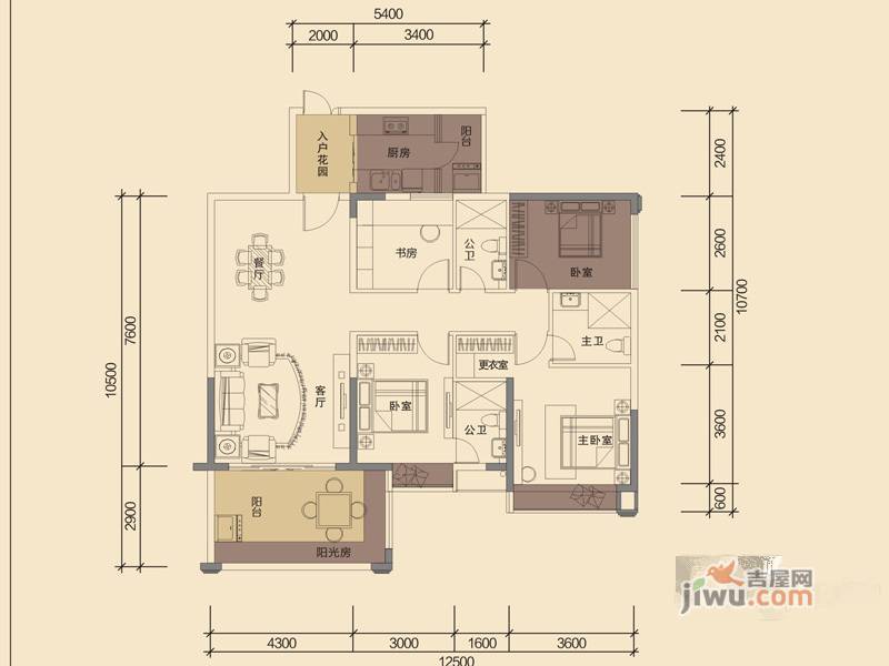 华泓·四季花城3室2厅3卫115㎡户型图