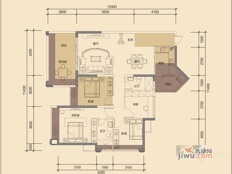 华泓·四季花城3室2厅2卫111.2㎡户型图