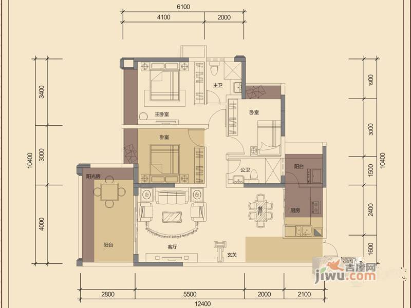 华泓·四季花城2室2厅2卫95.8㎡户型图