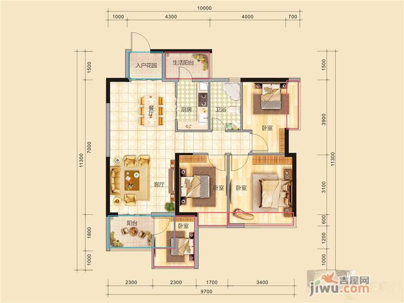 香槟小镇花园4室2厅2卫95㎡户型图