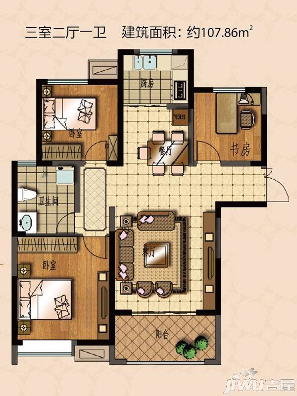 建海绿荫半岛3室2厅1卫107.9㎡户型图