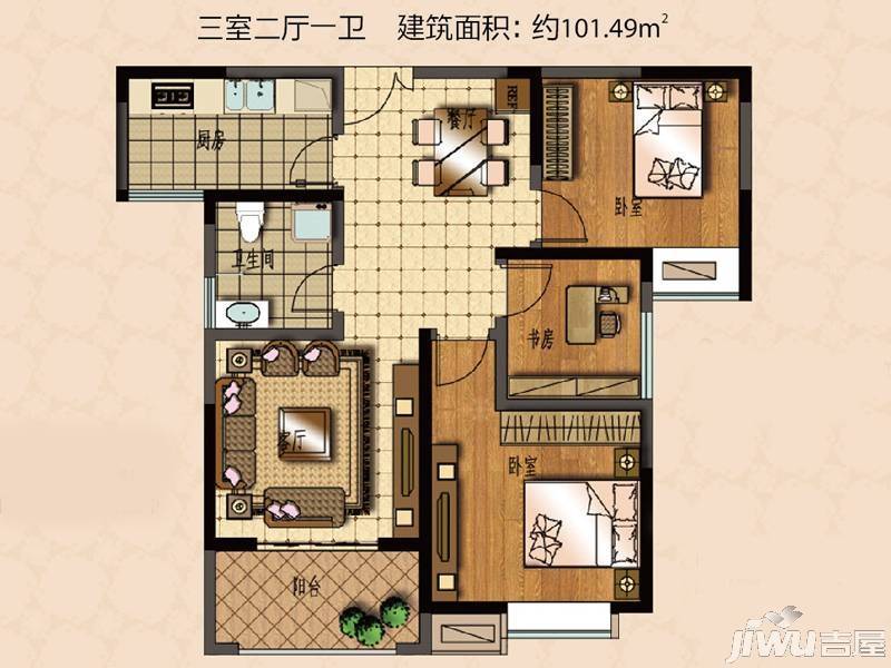 建海绿荫半岛3室2厅1卫101.5㎡户型图