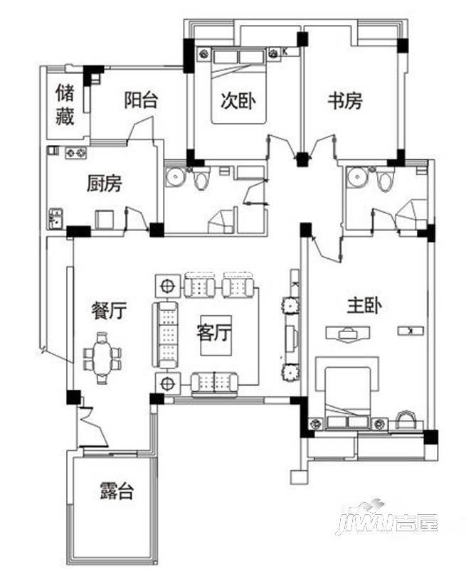 忆江南度假区3室2厅1卫136.1㎡户型图