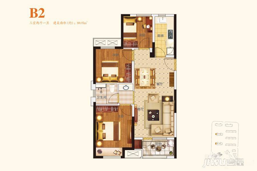 金地格林小城3室2厅1卫88㎡户型图