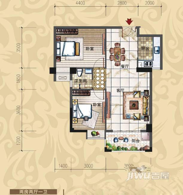 鸿源紫云至尊2室2厅1卫88㎡户型图