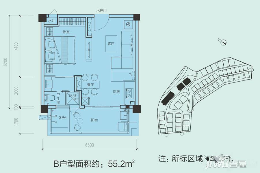 当代凤凰谷1室2厅1卫55.2㎡户型图