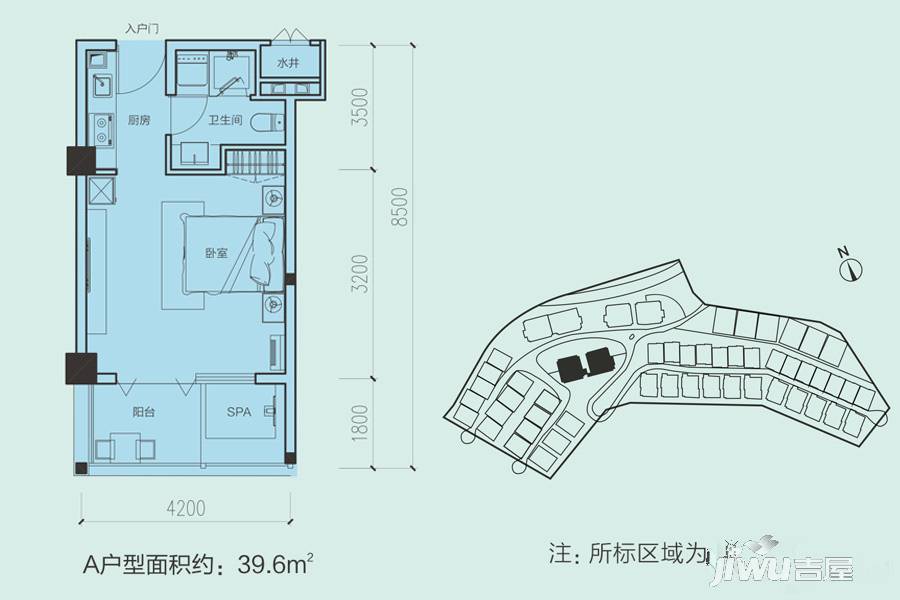 当代凤凰谷1室1厅1卫39.6㎡户型图