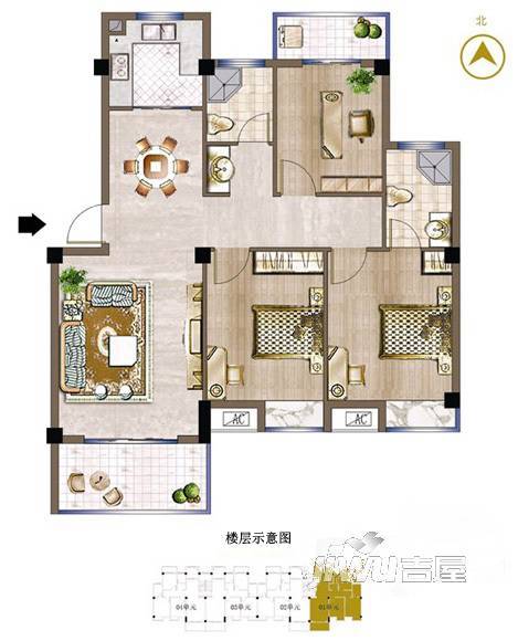 晟发名都3室2厅2卫105.6㎡户型图