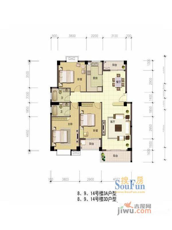 特房锦绣一方3室1厅1卫130㎡户型图