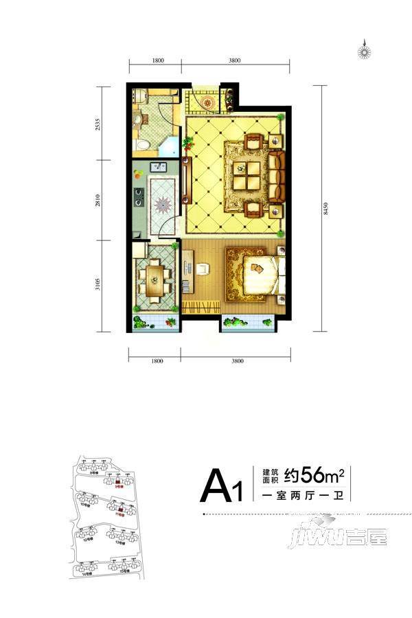 中兴和园二期1室1厅1卫56㎡户型图