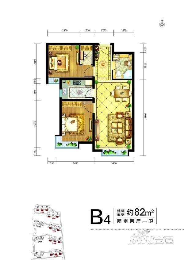 中兴和园二期2室2厅1卫82㎡户型图