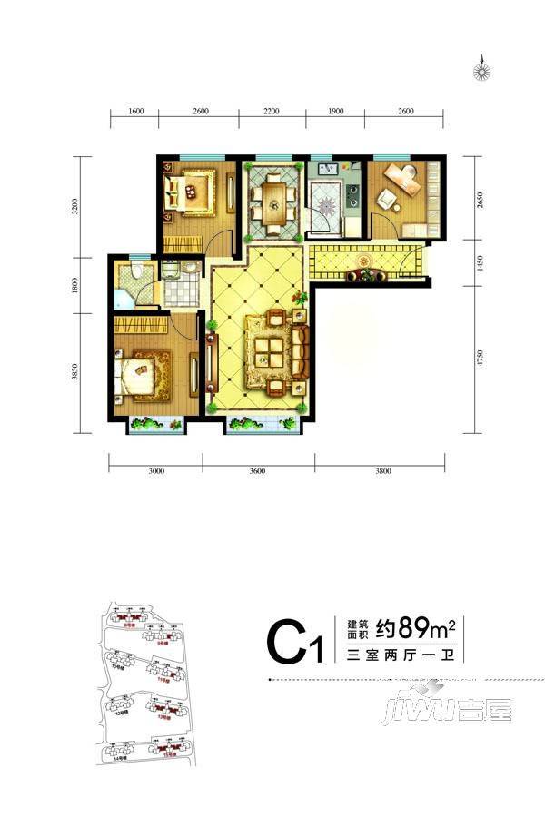 中兴和园二期3室2厅1卫89㎡户型图