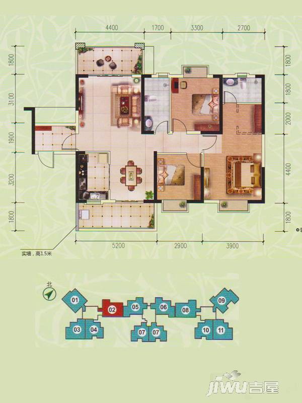 玉林奥园康城3室2厅2卫129.4㎡户型图