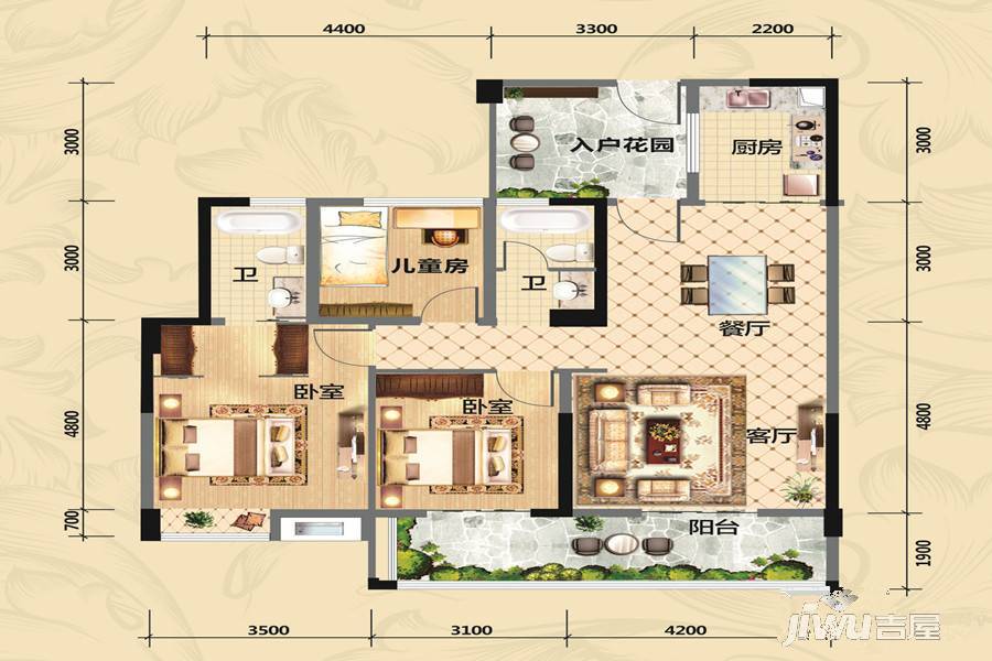 中鼎公园假日3室2厅2卫108.6㎡户型图