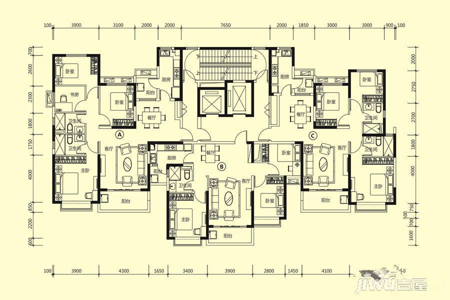 玉林恒大城3室2厅2卫124.3㎡户型图