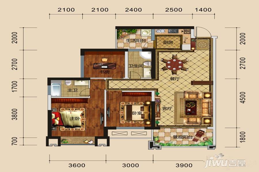 万盛中央公馆3室2厅2卫97㎡户型图