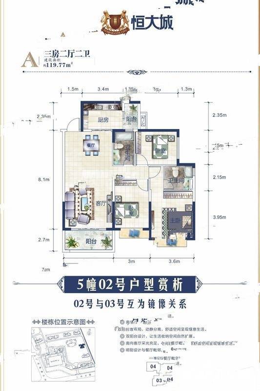 玉林恒大城3室2厅2卫119.8㎡户型图