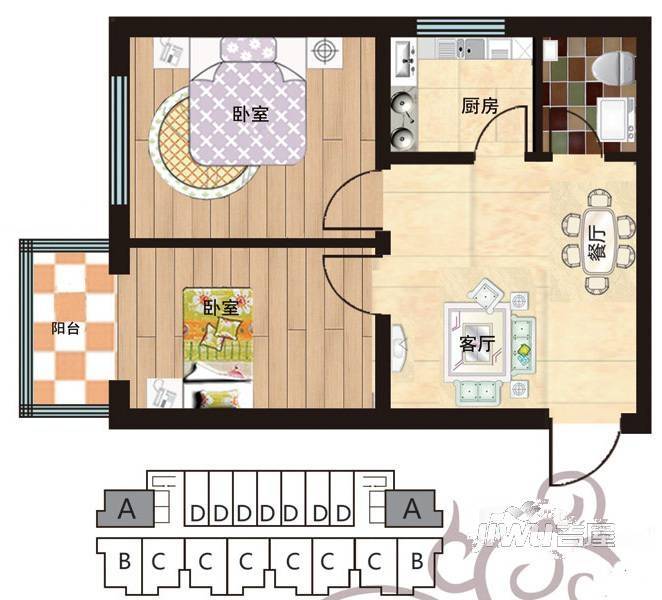 凤凰春城2室2厅1卫55㎡户型图