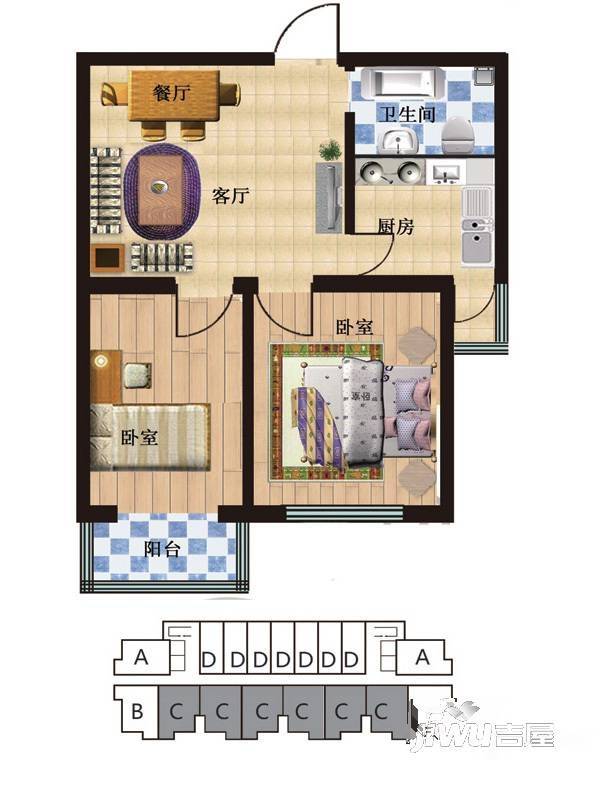 凤凰春城2室2厅1卫59.8㎡户型图