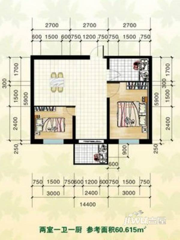 园林雅居2室1厅1卫60.6㎡户型图