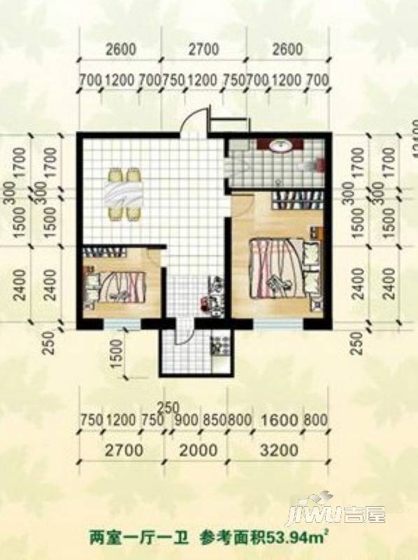 园林雅居2室1厅1卫53.9㎡户型图