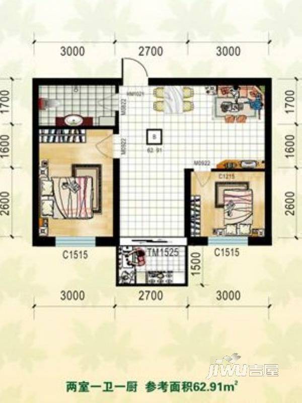 园林雅居2室1厅1卫62.9㎡户型图