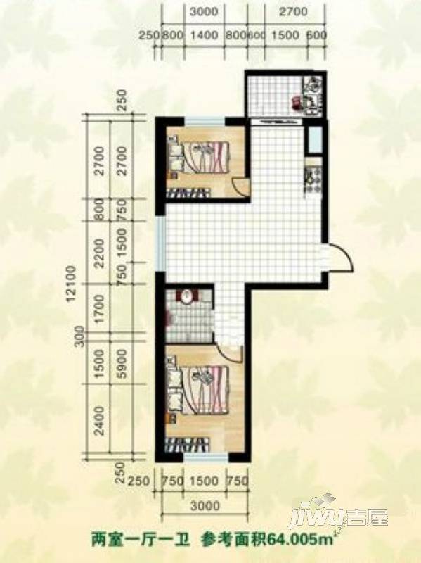 园林雅居2室1厅1卫53.9㎡户型图