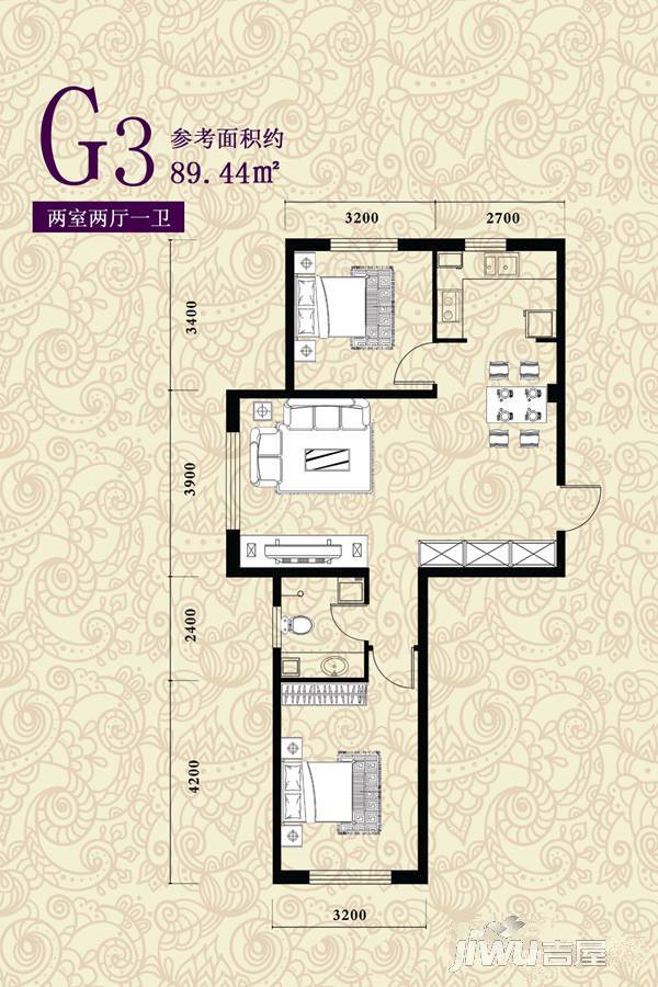 儒林庭枫2室2厅1卫89.4㎡户型图