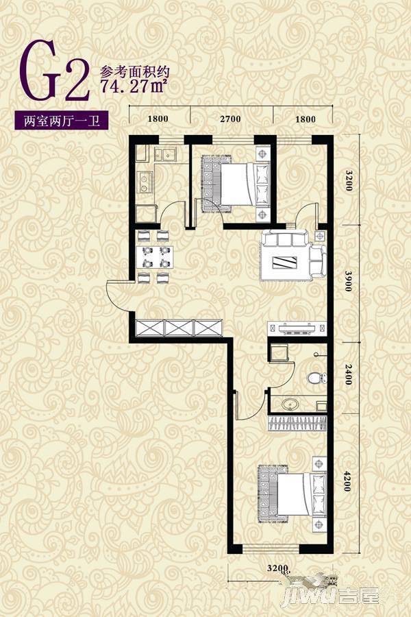 儒林庭枫2室2厅1卫74.3㎡户型图