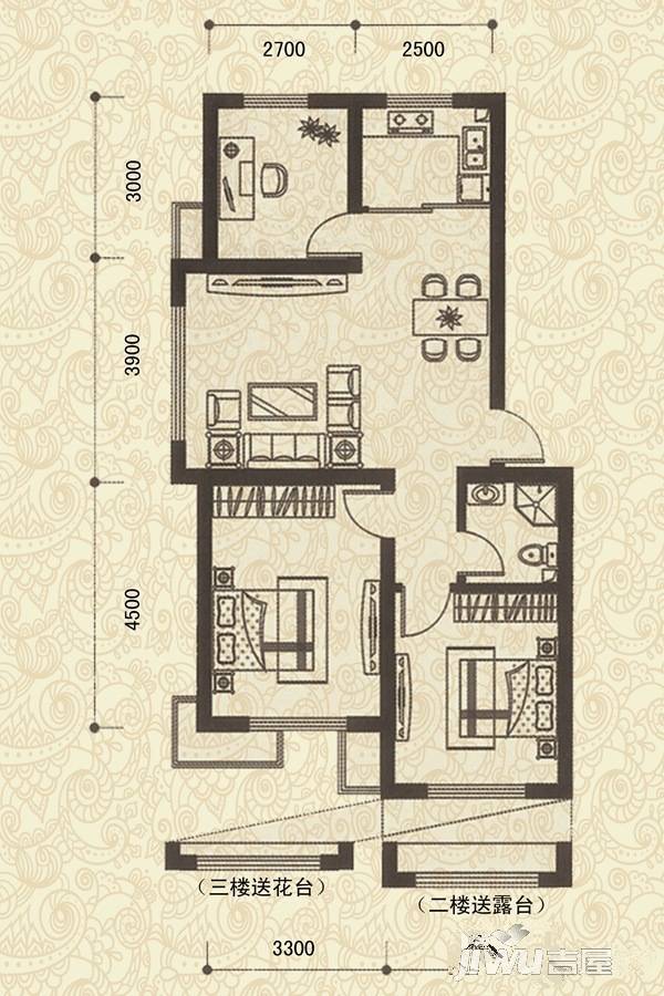 儒林庭枫2室2厅1卫85.1㎡户型图