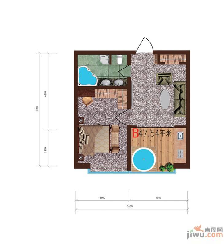 沈阳世界温泉部落（一期）美国郡1室1厅0卫47.5㎡户型图