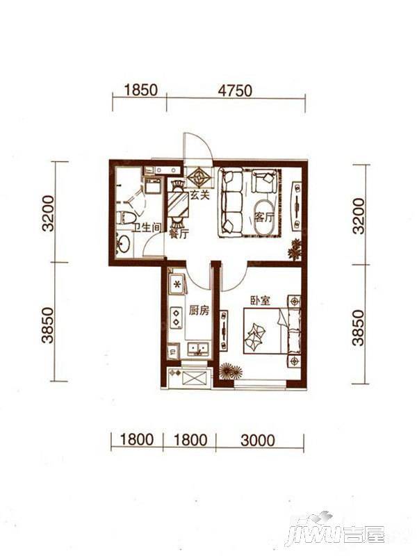 万科鹿特丹2室2厅1卫51㎡户型图