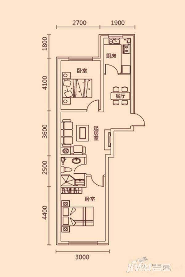 和平上河城2室2厅1卫74㎡户型图