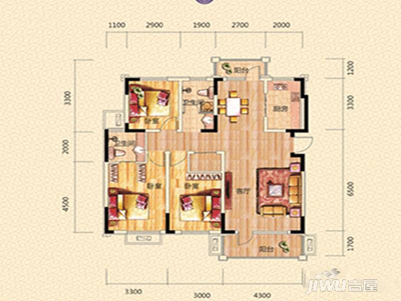 富兴湖畔欣城3室2厅2卫127㎡户型图