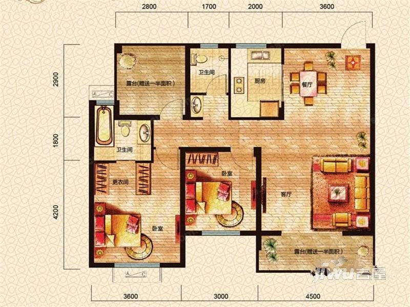 富兴湖畔欣城2室2厅2卫104.7㎡户型图