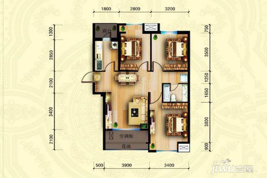 坤博幸福城3室2厅1卫101.7㎡户型图