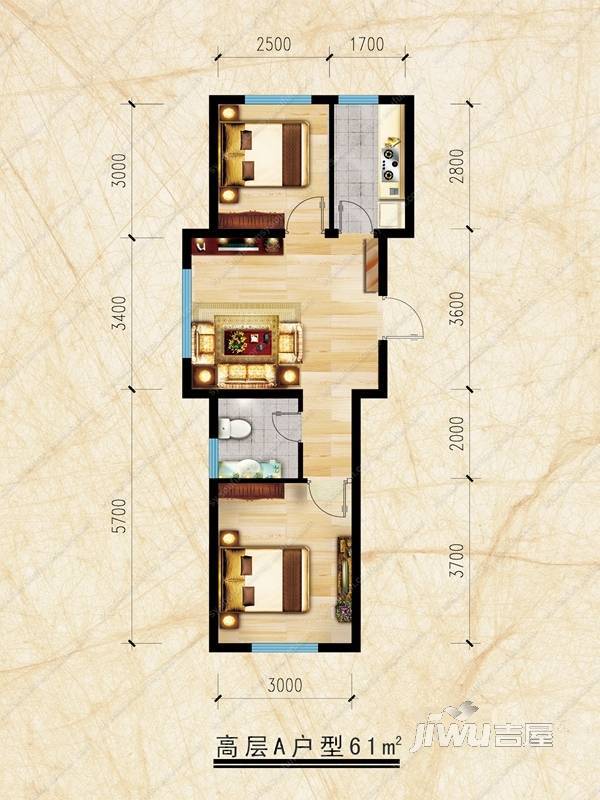 假日小城三期2室1厅1卫61㎡户型图