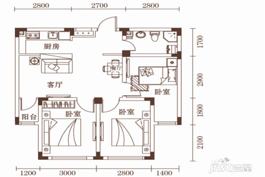 丽晶公馆3室2厅1卫74㎡户型图