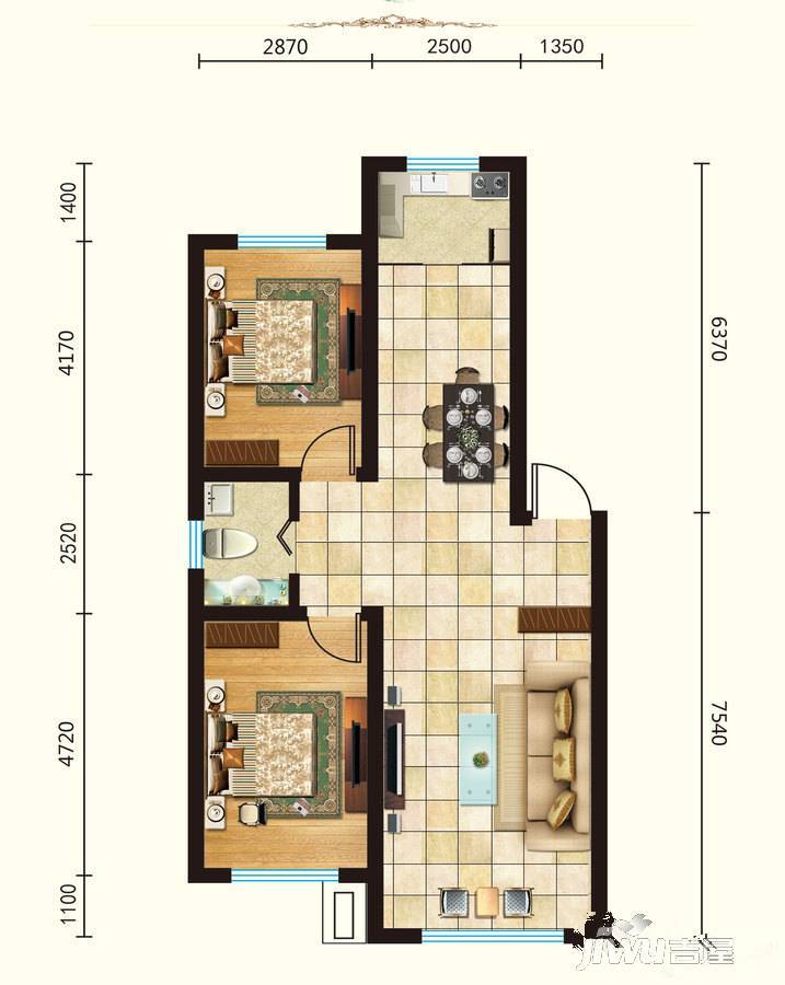 兰亭馨居二期2室2厅1卫89.4㎡户型图