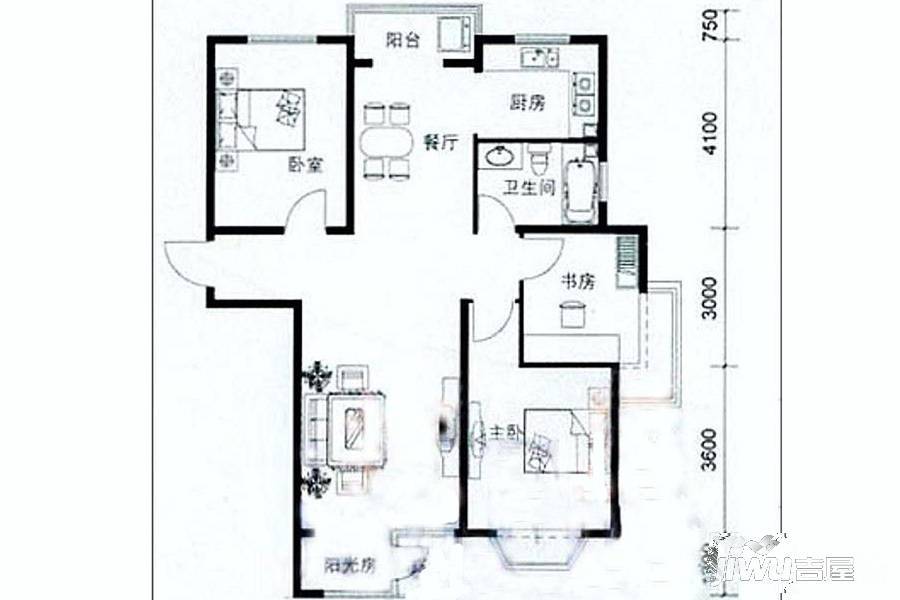 佳和新城七期4室2厅1卫115.6㎡户型图