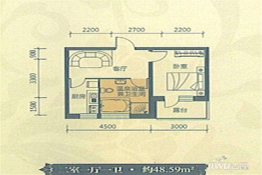 金汇温泉雅苑2室1厅1卫48.6㎡户型图