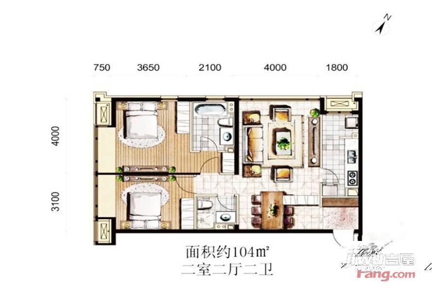 御景·新世界2室2厅2卫104㎡户型图