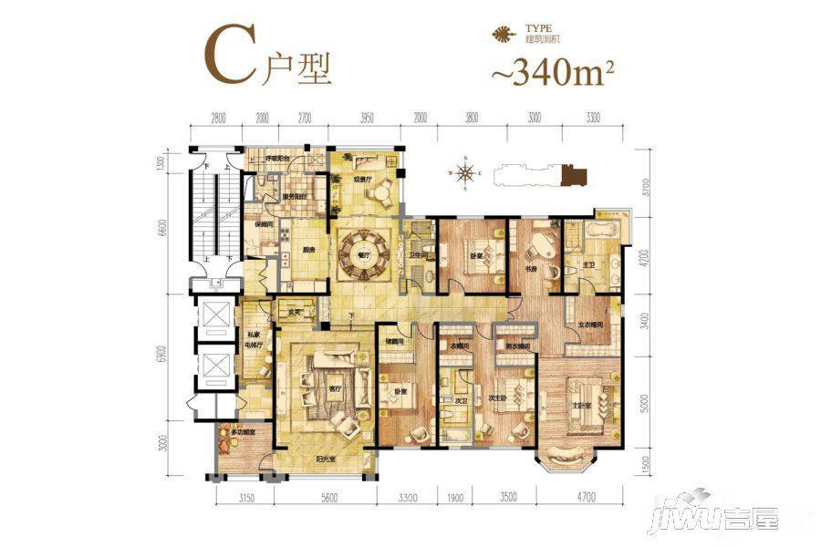 河畔新城品尚5室3厅2卫340㎡户型图