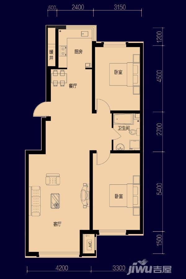 鑫丰雍景豪城2室2厅1卫108㎡户型图