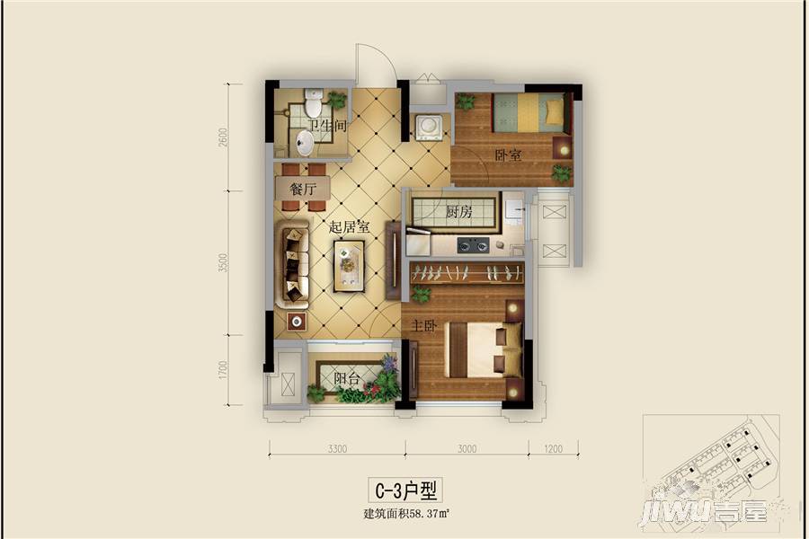 中瑞北欧云墅2室2厅1卫58.4㎡户型图